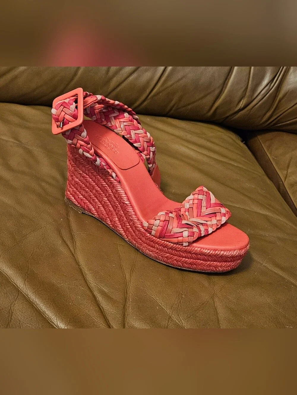 Hermes Coral Braided Espadrille Wedge Sandals Heels Size 5 US